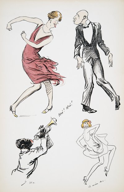 Due travestiti e un uomo in cravatta nera che ballano al suono di un sassofono, da White Bottoms, pub. 1927 da Sem